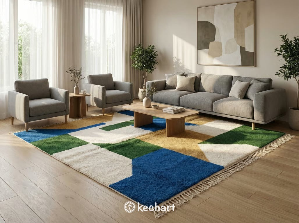 Close-up view of the dense wool pile and hand-knotted craftsmanship of a custom Berber rug, showing the intricate blue, green, and gold diamond motifs.