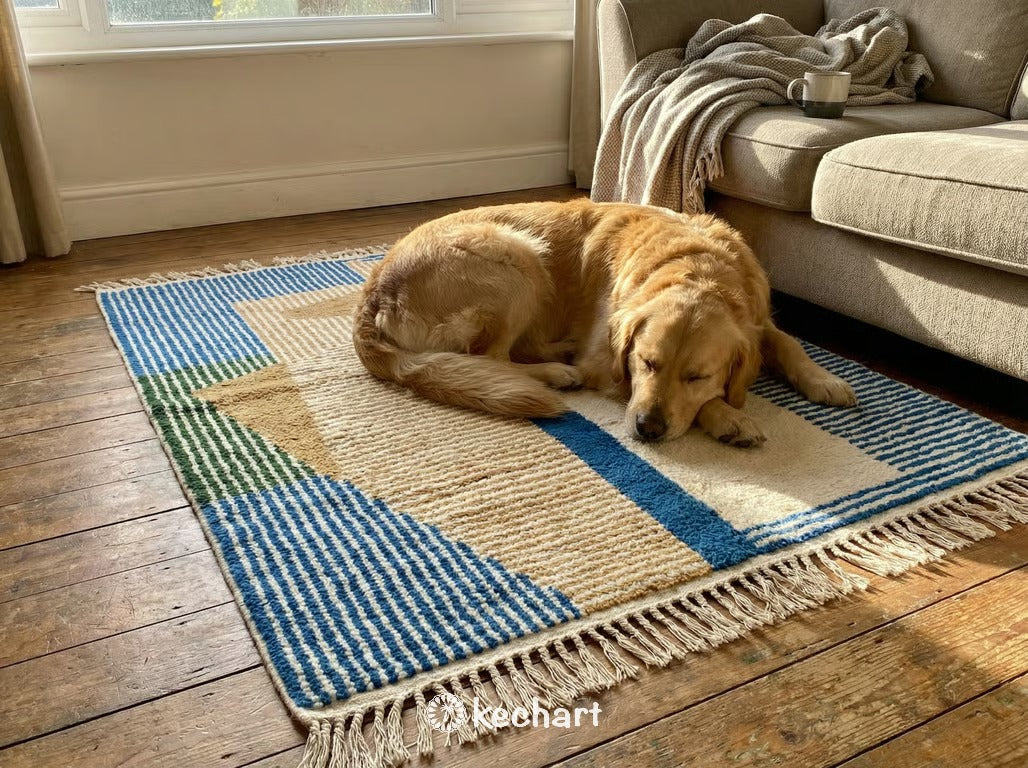 Custom Beni Ourain Rug - Handwoven Moroccan Wool, Blue & Gold Geometric Pattern