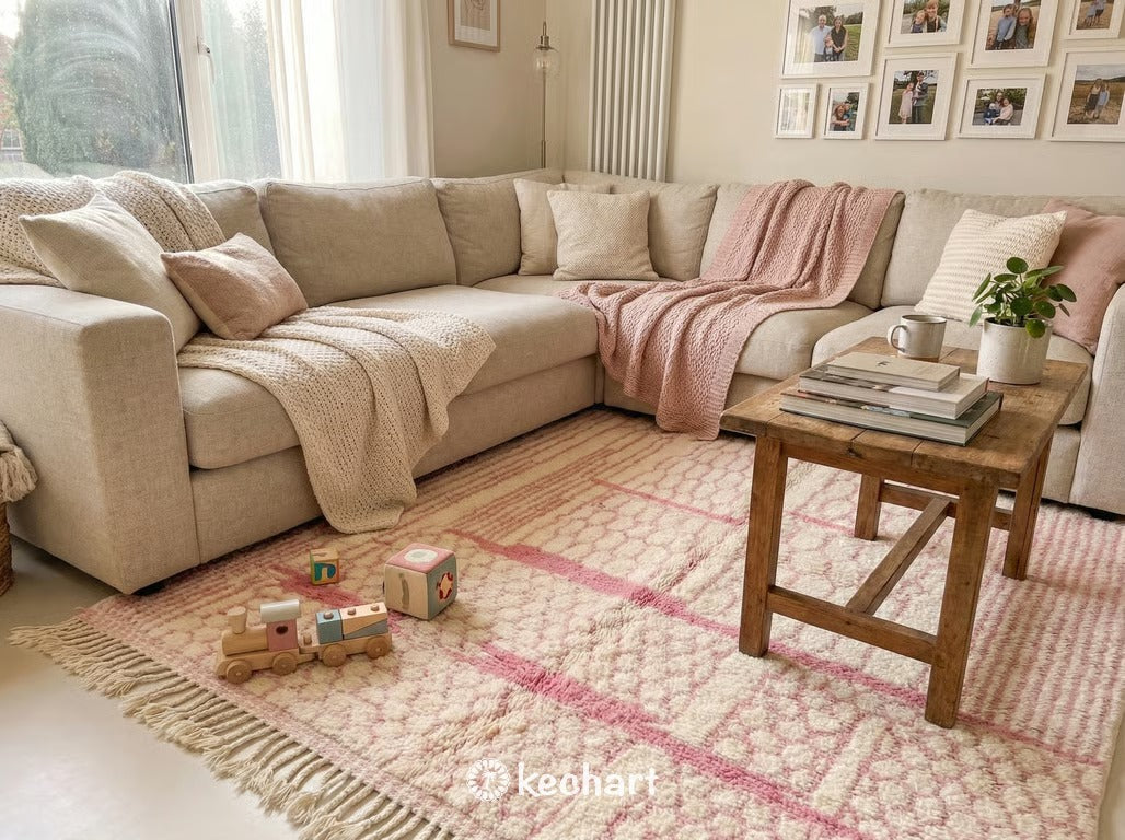 Custom Beni Ourain Rug - Made to Order Moroccan Wool with Pink Diamonds