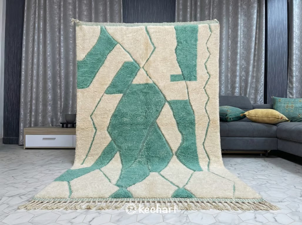 Custom Size Beni Ourain Rug - Authentic Moroccan Wool, Cream & Mint Geometric