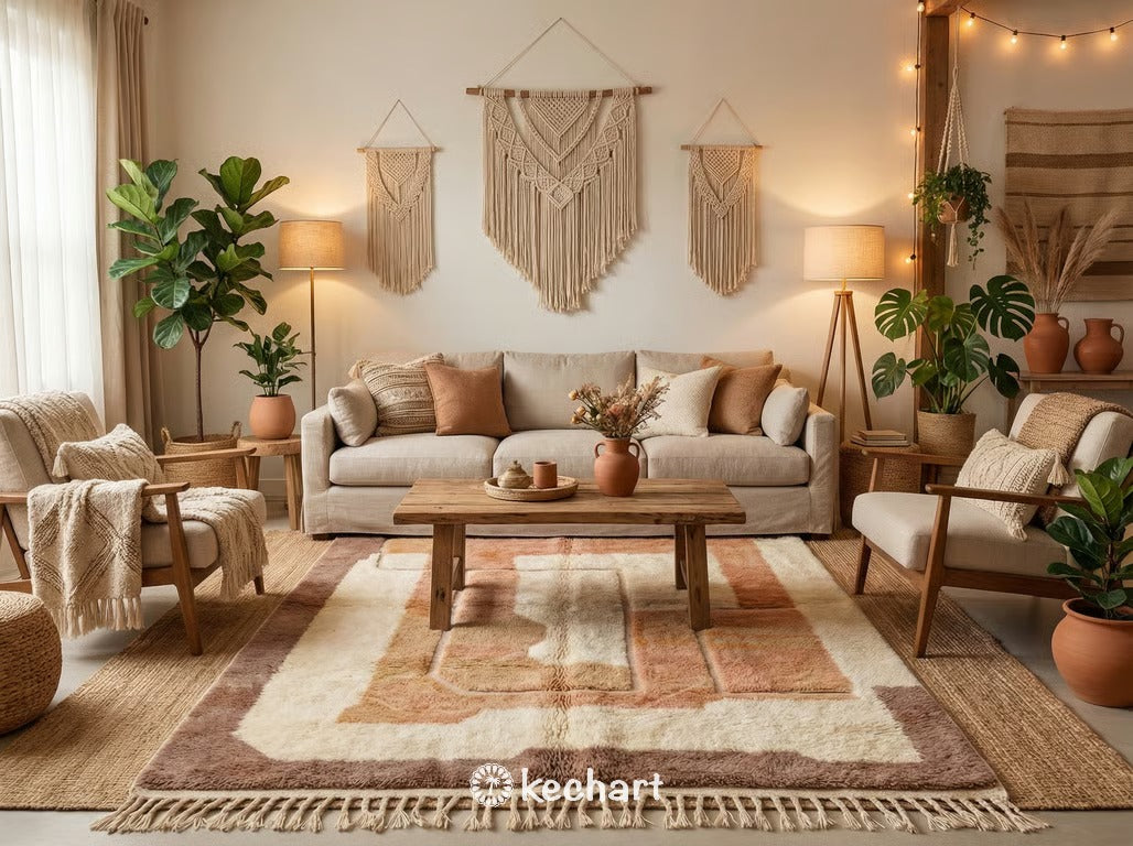 Plush custom Berber rug in saffron and beige tones used as a soft, stylish focal point in a modern nursery or curated home office space.