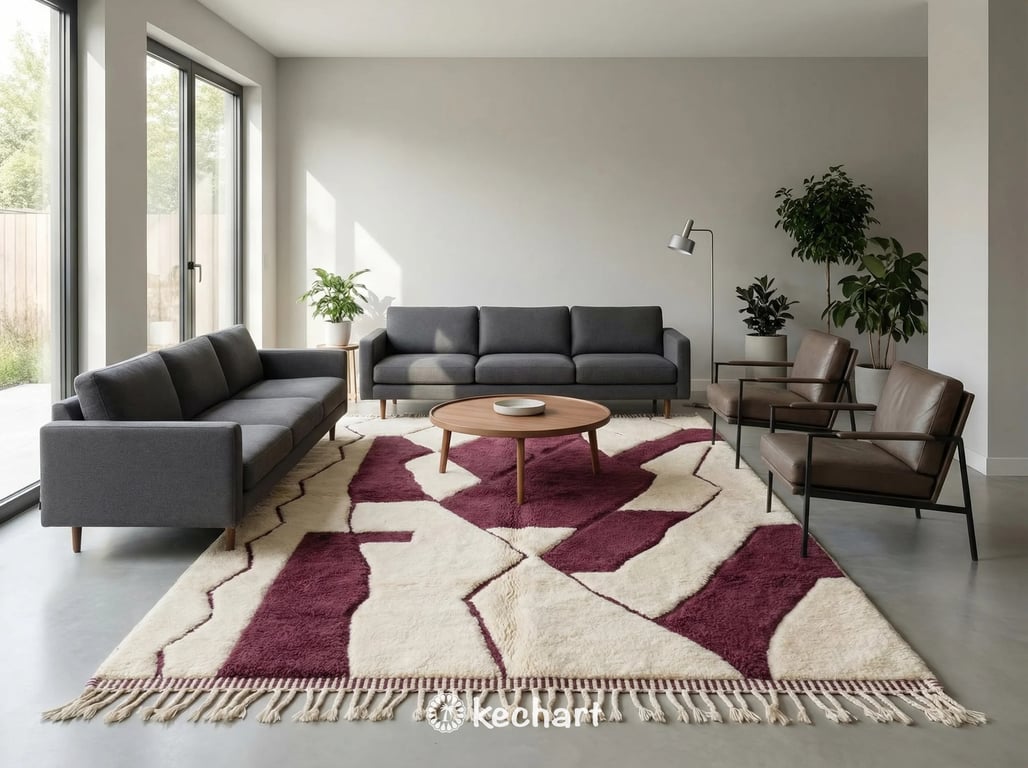 Large custom Moroccan area rug in cream and Bordeaux grounding a contemporary living room setting with a neutral linen sofa and organic wooden coffee table.