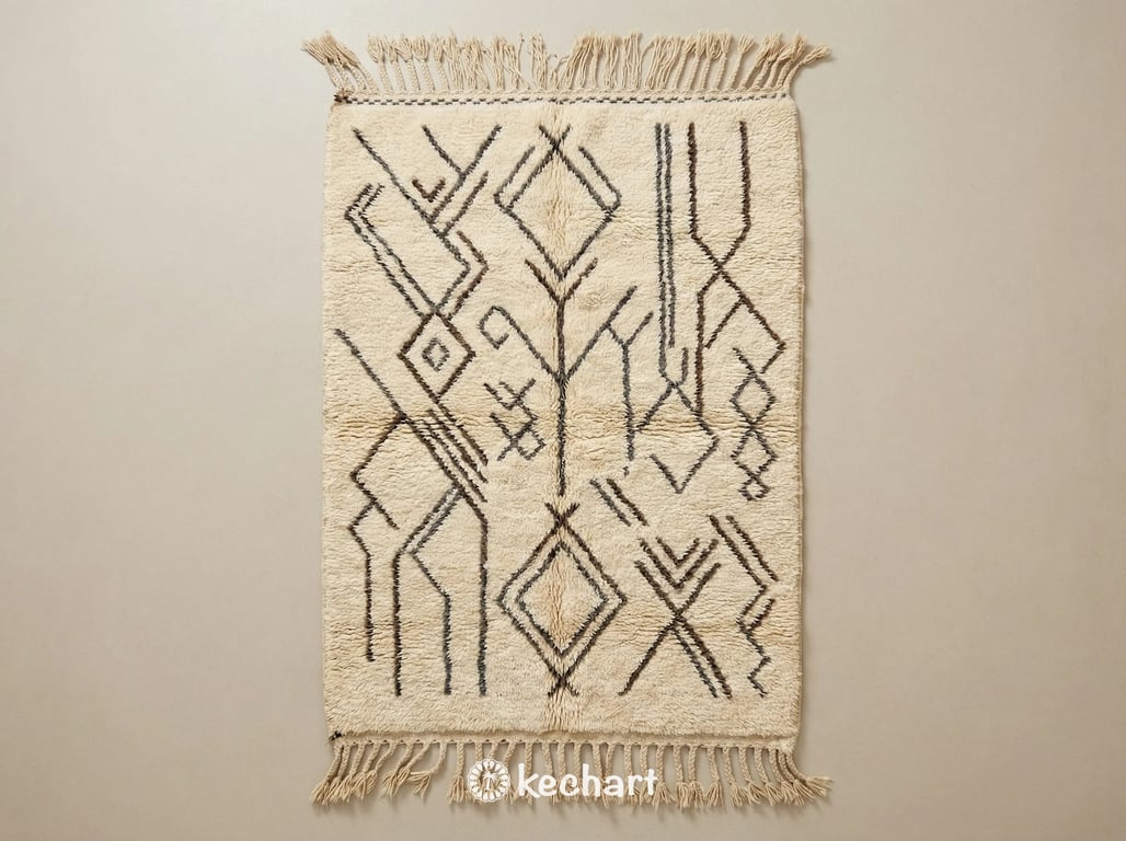 Custom size Beni Ourain Moroccan rug showing plush cream and beige sheepskin wool texture with classic geometric diamond pattern and traditional fringe detail. Handwoven artisan craftsmanship.