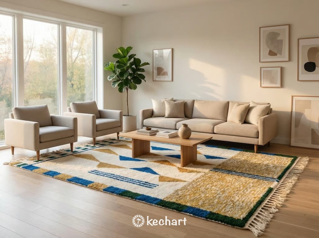 Large custom Moroccan wool area rug anchored in a modern bohemian living room, complementing neutral linen sofas and rustic wooden coffee table with its blue and gold geometric design.