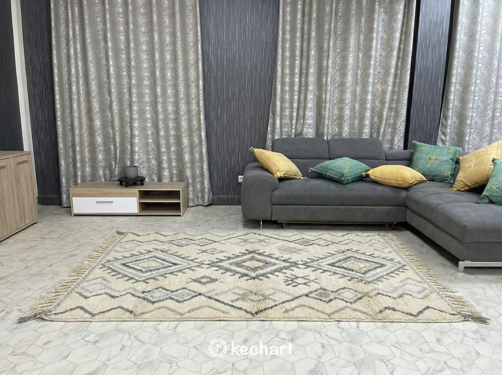 Close-up detail showing the high pile texture and individual hand-knotted wool craftsmanship of a made-to-order grey Beni Ourain zigzag rug.