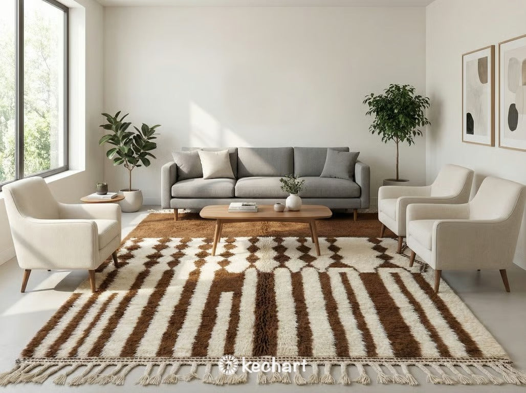 Close up detail view of the thick high pile wool texture and hand-knotted geometric design of the custom brown Beni Ourain rug showing artisan craftsmanship.