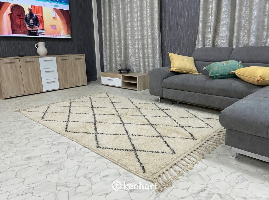 Custom Size Beni Ourain Rug - Handwoven Moroccan Wool in Cream & Charcoal