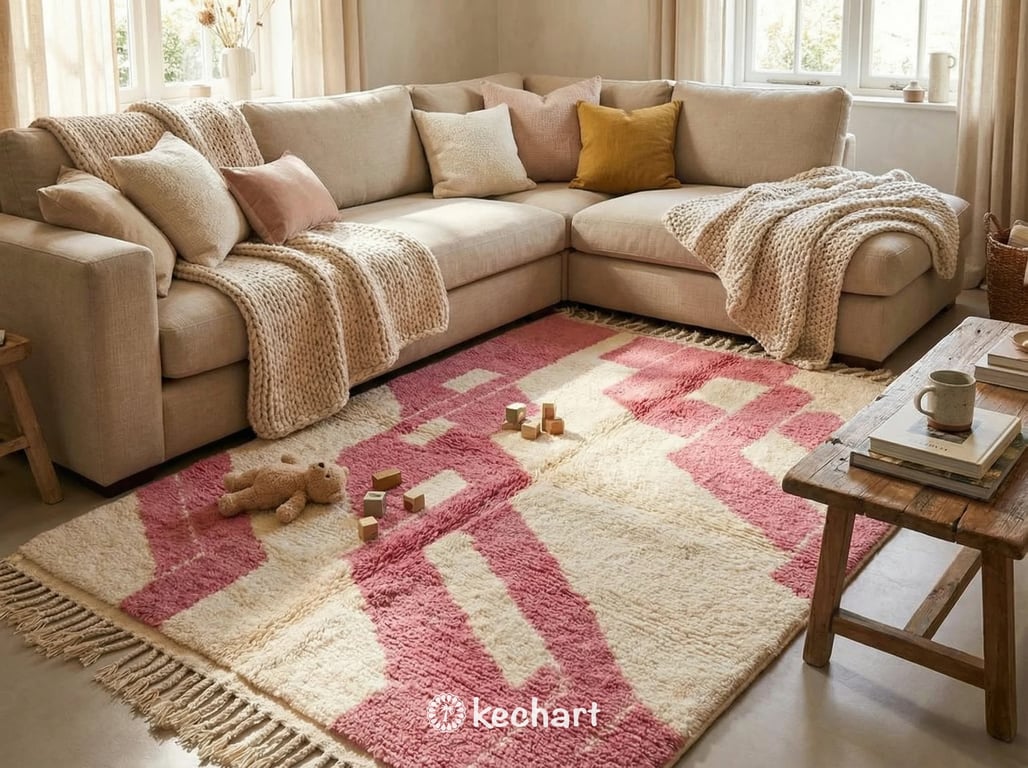 Custom Beni Ourain Rug - Handwoven Moroccan Wool in Cream & Candy Pink Diamonds