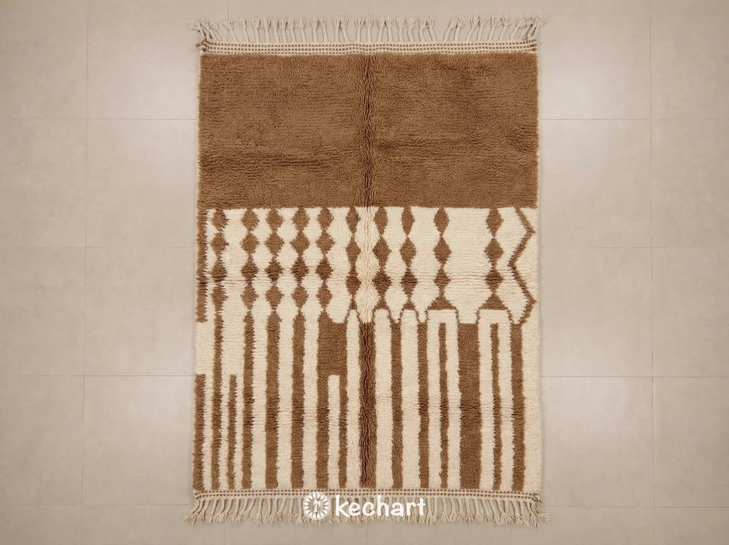 Custom made Sahara Brown Beni Ourain Moroccan rug with plush wool pile and geometric diamond pattern, handwoven with traditional fringe.