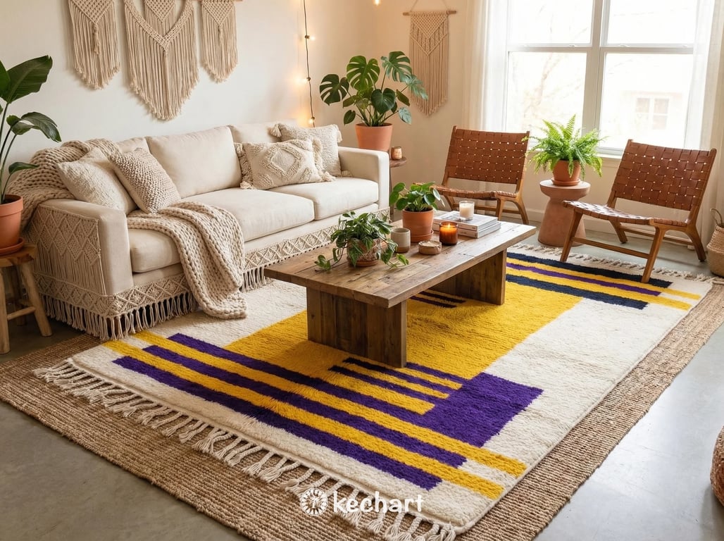 Close-up shot focusing on the thick high pile wool texture and the intricate hand-knotted craftsmanship of the custom Moroccan rug.