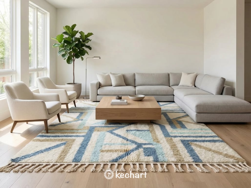 Closeup detail of handwoven sheep wool texture on a made-to-order Moroccan rug, highlighting the dusty blue and aqua geometric lines.