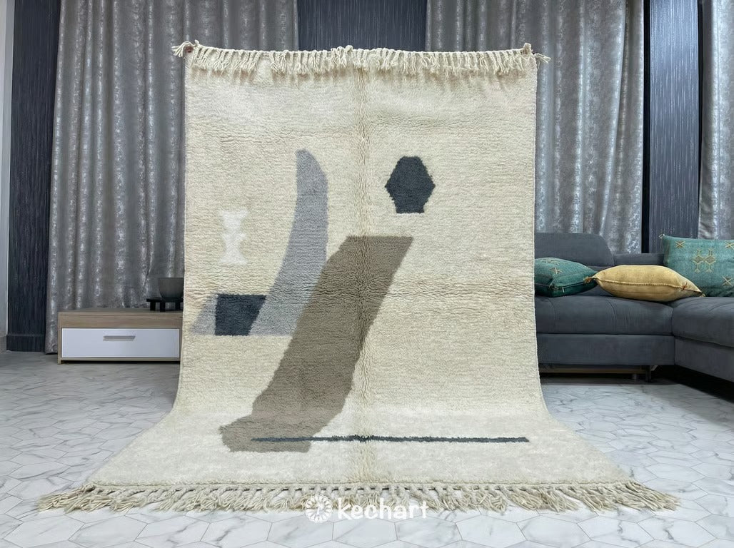 Elegant made-to-order Berber wool rug with grey diamond motifs warming up a Scandinavian dining space with light oak furniture.