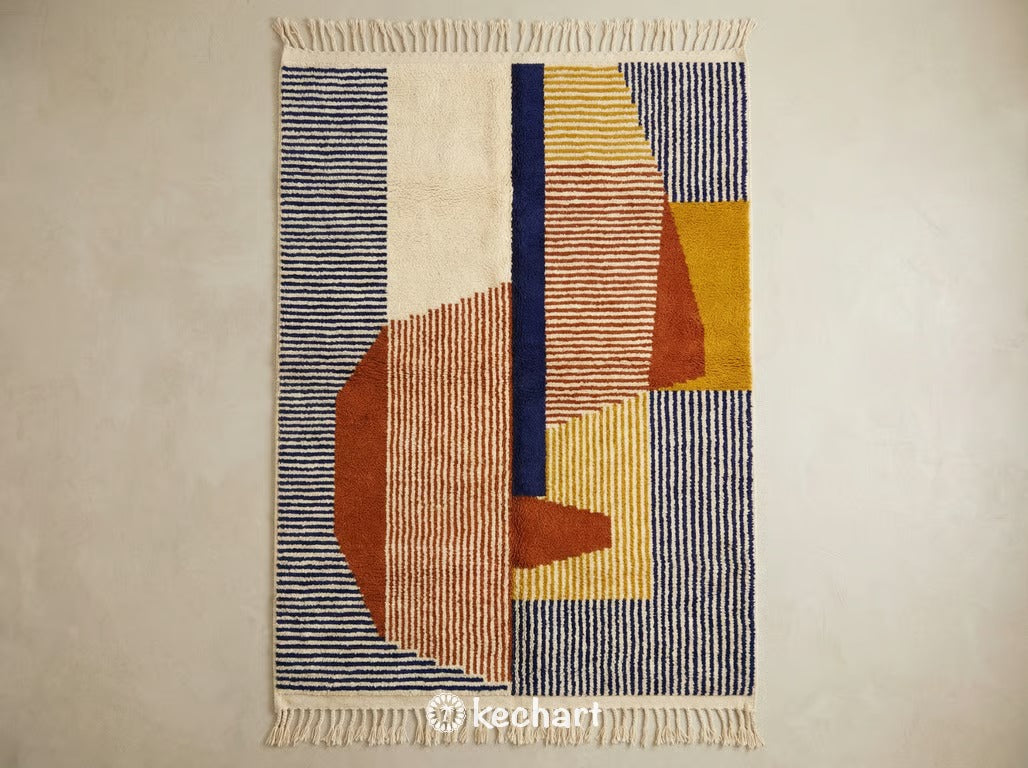 Custom made Beni Ourain Moroccan rug flat lay showing plush cream wool texture with geometric diamond patterns in rust, midnight navy, and curry yellow, finished with traditional braided fringe.
