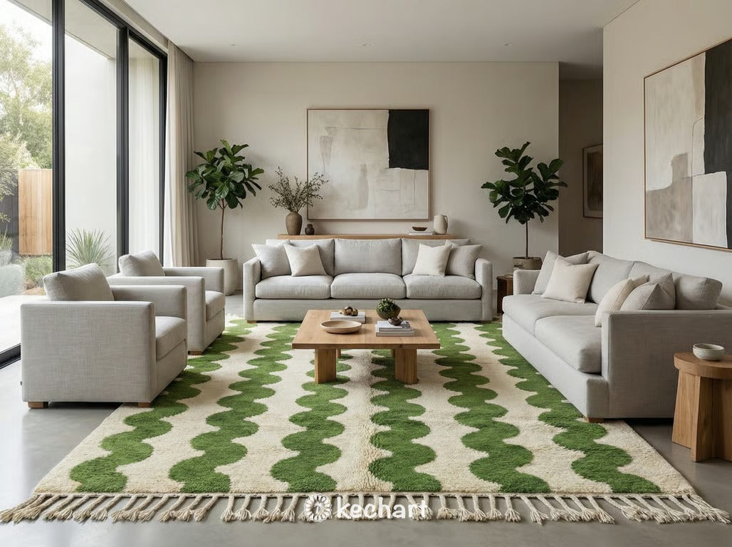 Custom Beni Ourain Rug - Handwoven Moroccan Wool in Cream & Leaf Green