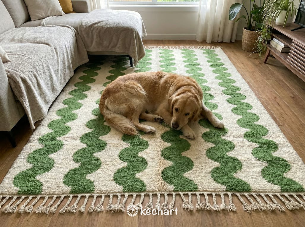 Custom Beni Ourain Rug - Handwoven Moroccan Wool in Cream & Leaf Green
