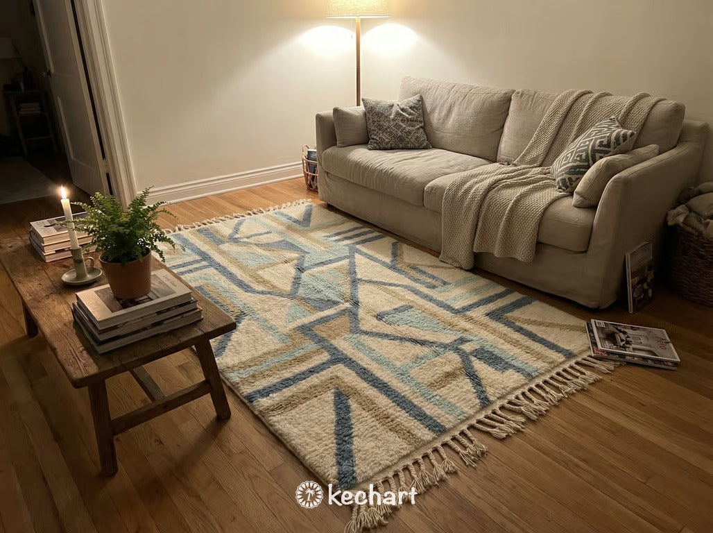 Custom Beni Ourain Moroccan Rug in Dusty Blue & Cream Wool - All Sizes Available