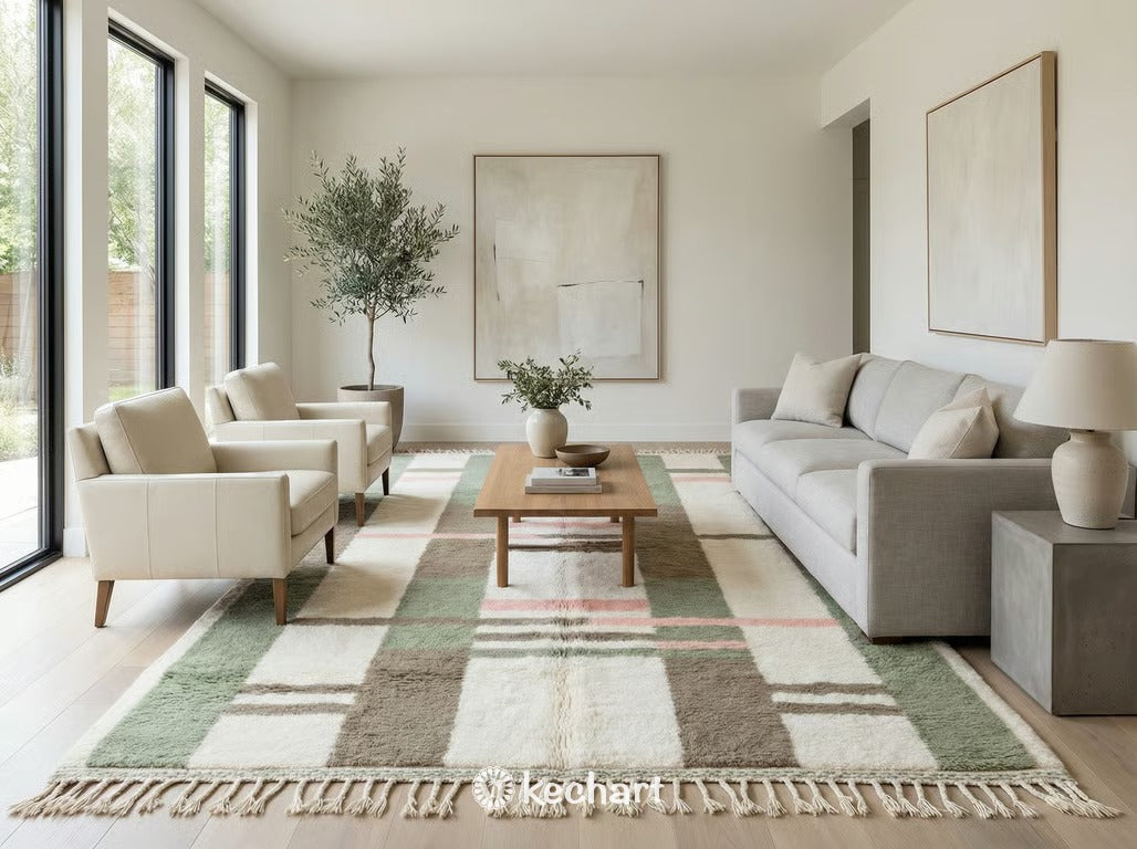 Soft pastel Moroccan wool rug with diamond patterns in a chic nursery setting, providing a cozy play area on wood floors.