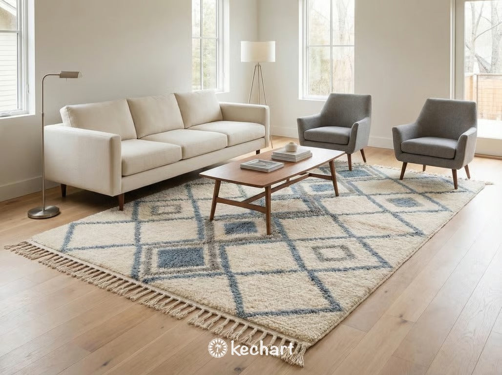 Plush custom Beni Ourain area rug shown in a bright, modern living room, anchoring a minimalist white sofa with its cream and subtle blue-grey organic pattern.