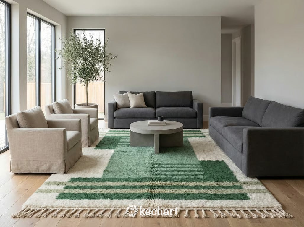 Close-up detail of the high-pile wool texture and artisan craftsmanship of the green geometric Beni Ourain rug showing hand-knotted quality.