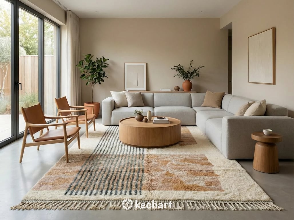 Plush Beni Ourain shag rug placed under a queen-sized bed in a minimalist bedroom setting, adding warmth and organic texture.