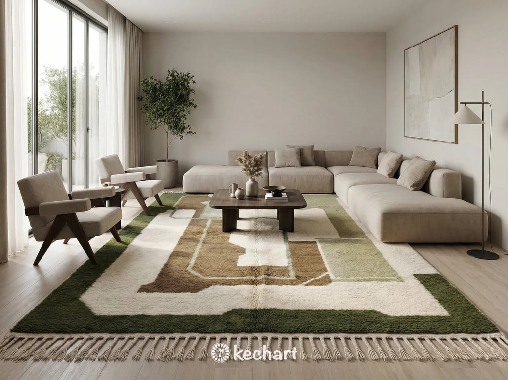 Handwoven Berber rug with geometric earth tones adding a layer of cozy luxury to a minimalist nursery, contrasting with modern crib furniture and soft lighting.