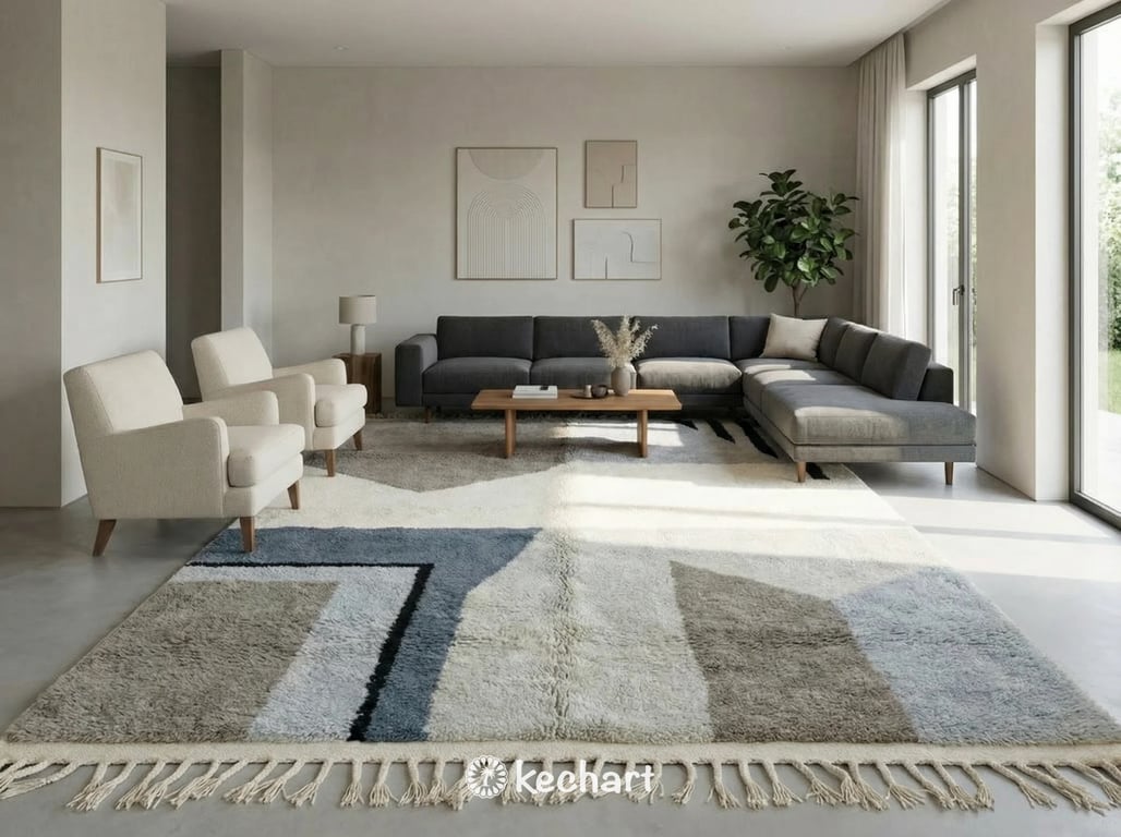Custom made grey Beni Ourain Moroccan wool rug showing plush shaggy texture and geometric diamond pattern in slate and soft white tones with traditional fringe.