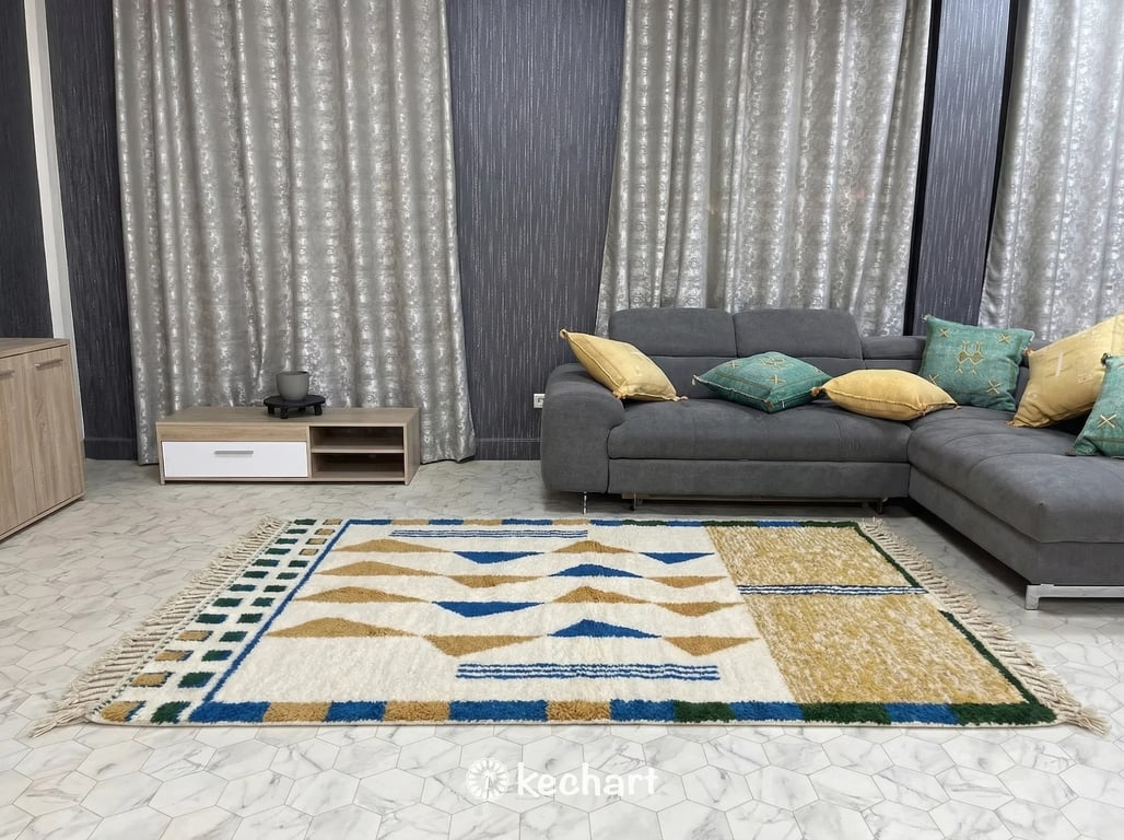 Custom Beni Ourain Rug - Made to Order Moroccan Blue & Gold Geometric Wool
