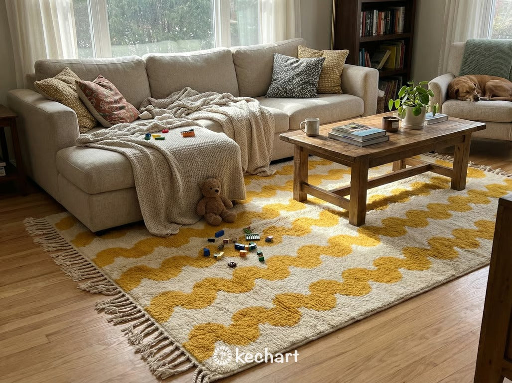 Custom Beni Ourain Rug - Handwoven Moroccan Wool, Cream & Saffron Diamond Pattern