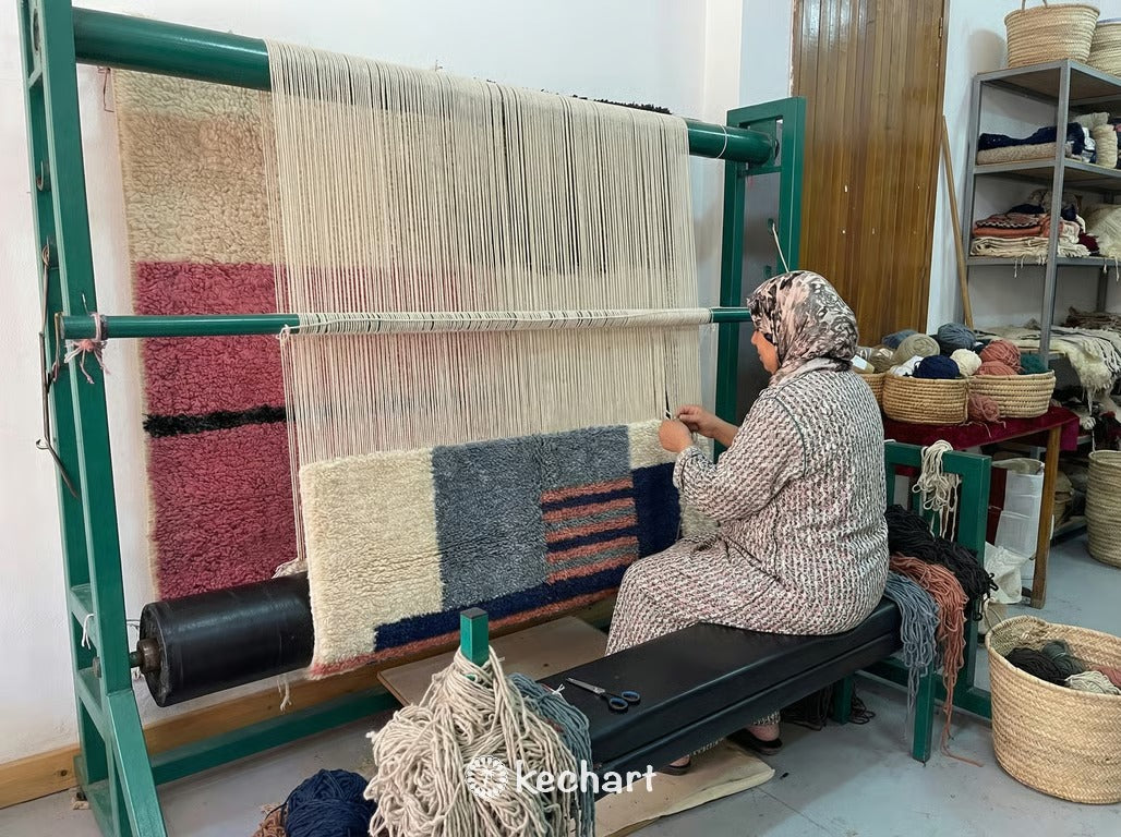 Custom Beni Ourain Rug - Made to Order Moroccan Wool with Blue Diamond Pattern