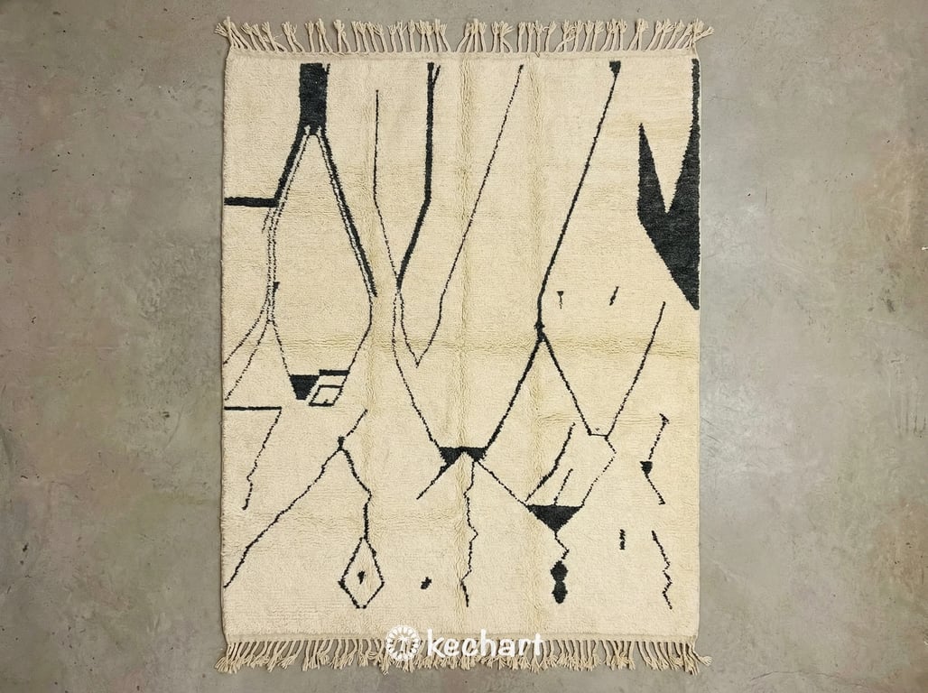 Custom Beni Ourain Moroccan Rug Cream and Charcoal Geometric Diamond Pattern Handwoven Wool Flat Lay View