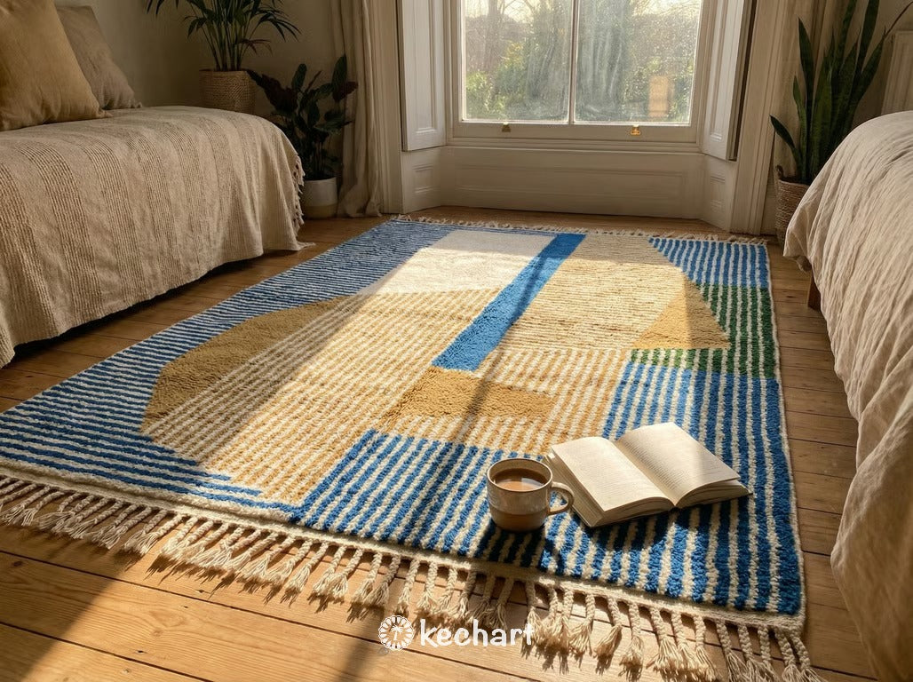 Custom Beni Ourain Rug - Handwoven Moroccan Wool, Blue & Gold Geometric Pattern