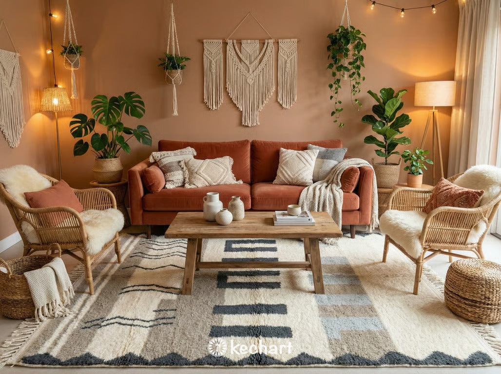A large, custom grey and white geometric Beni Ourain shag rug anchoring a minimalist living room with a linen sofa, adding texture and warmth to a modern space.