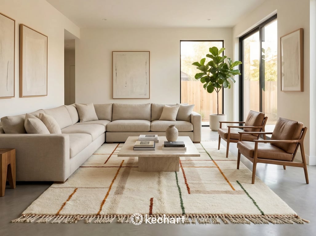 Plush shag wool rug in rust and beige tones placed under a bed in a cozy, modern bedroom, adding texture and warmth to the space.