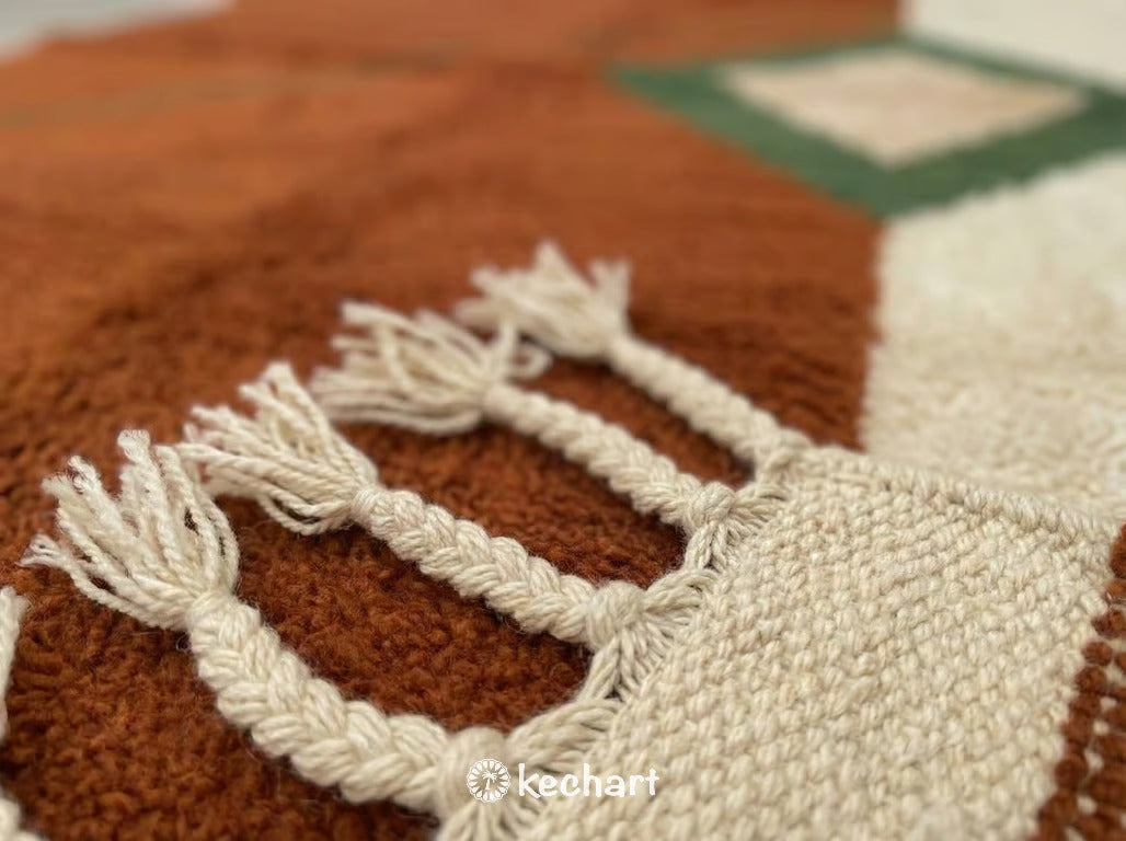 Custom Size Beni Ourain Rug - Handwoven Moroccan Wool, Rust & Beige Diamonds