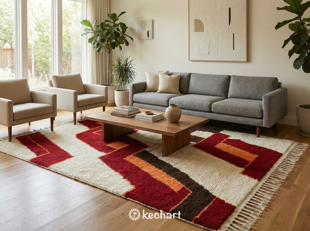 Made-to-order geometric Moroccan wool rug setting the foundation for a modern dining room table, showcasing artisanal craftsmanship and vibrant colors.