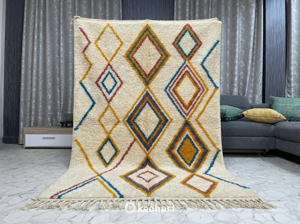 Custom Beni Ourain Rug - Made to Order Wool in Saffron, Red & Blue