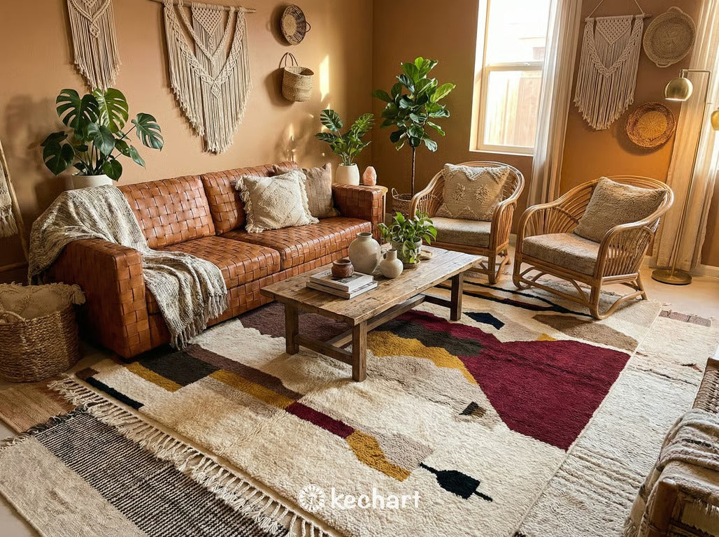 Artisan crafted made-to-order Moroccan rug with oxblood and beige diamond motifs acting as a statement piece in a minimalist, design-conscious space.