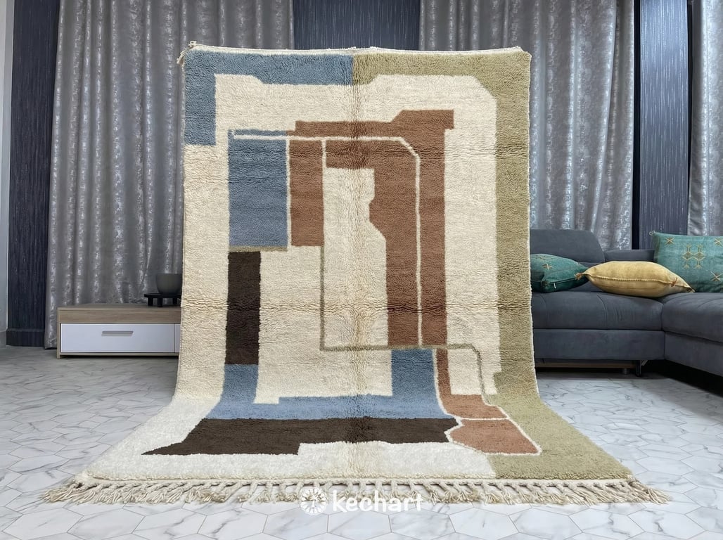 Custom Beni Ourain Moroccan Rug - Sand & Dusty Blue Geometric Wool Area Rug