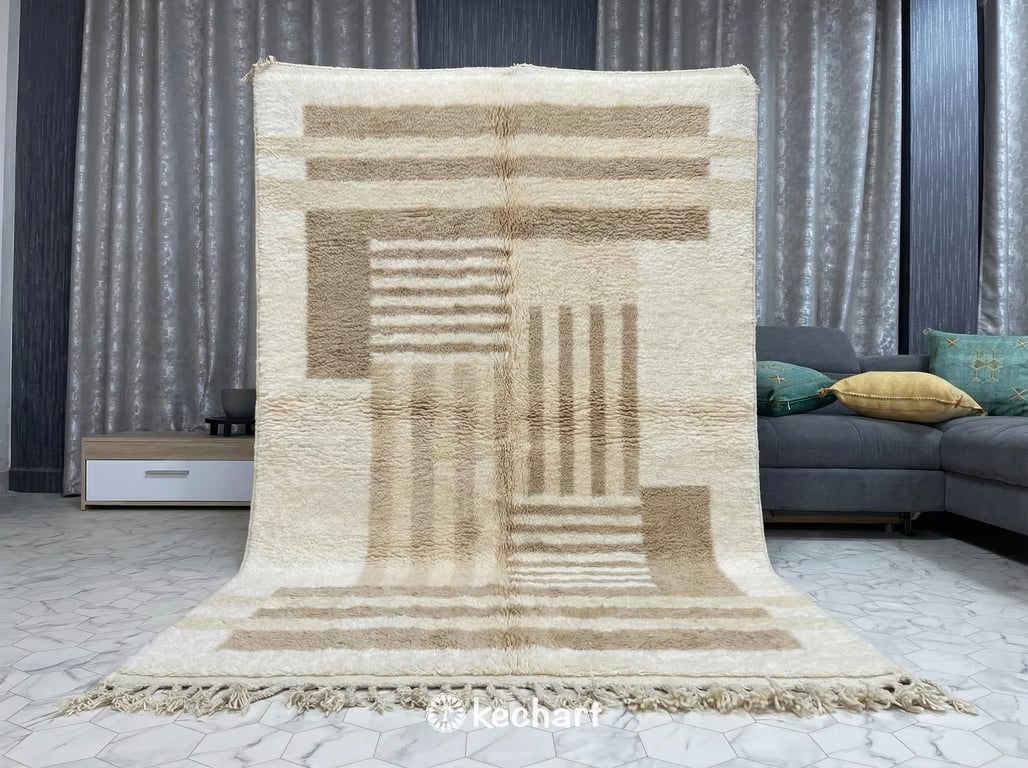 Custom Size Beni Ourain Rug - Plush Moroccan Wool Area Rug, Cream & Beige