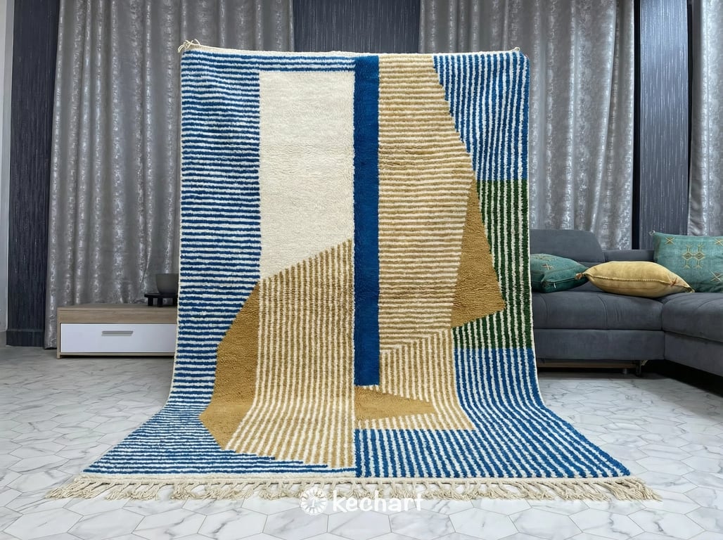 Bespoke Moroccan wool rug shown in a bright nursery setting, providing a soft and safe play area with stylish geometric patterns.