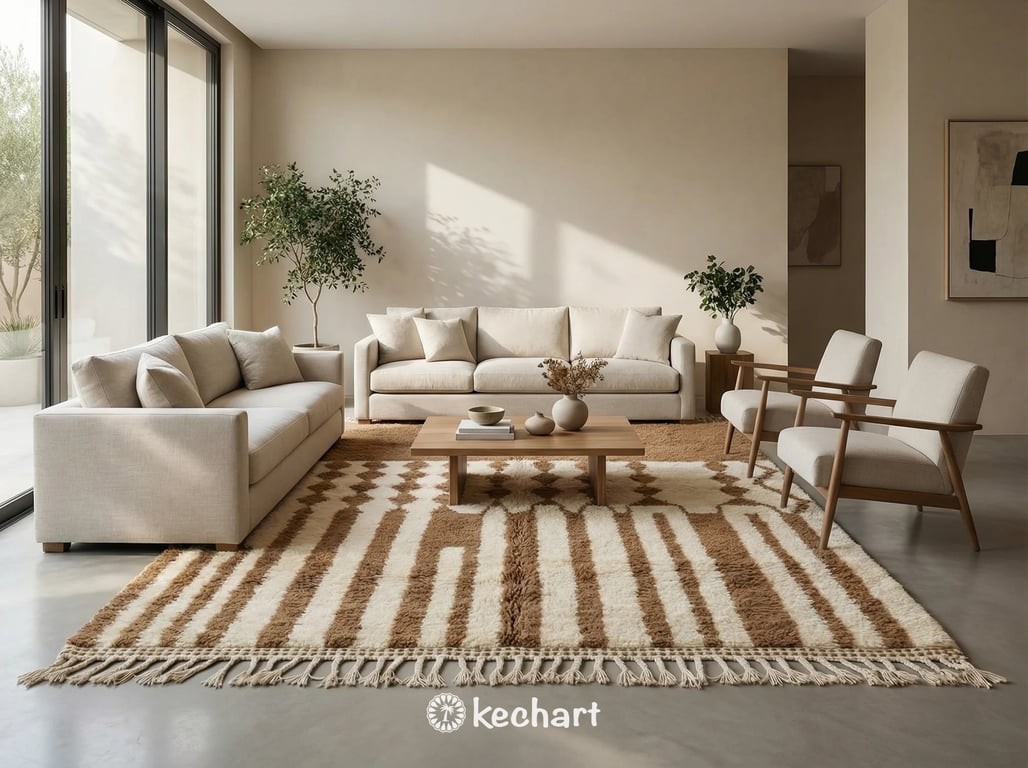 Plush shag Moroccan wool rug in Sahara Brown placed under a bed in a bohemian style master bedroom setting.