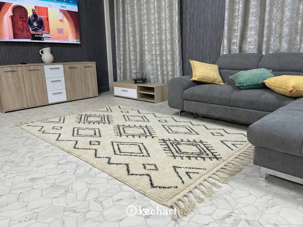 Luxurious deep pile Moroccan Berber rug in a serene bedroom setting, placed under a large bed with textured bedding and natural light.