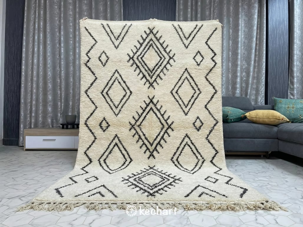 Luxurious deep pile Moroccan Berber rug in a serene bedroom setting, placed under a large bed with textured bedding and natural light.