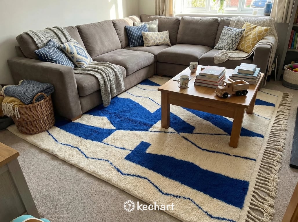Custom Beni Ourain Rug - Made to Order Moroccan Wool Rug in Cream & Cobalt Blue