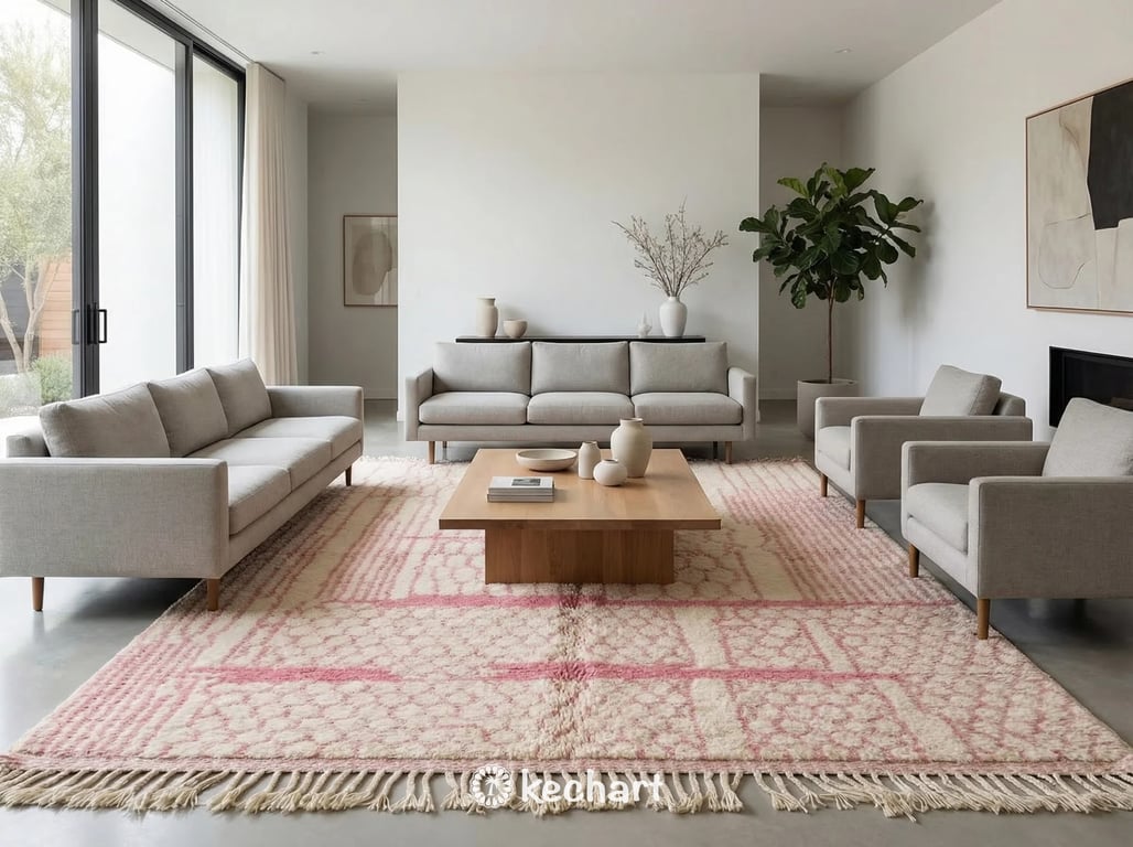 Soft Handwoven Moroccan Wool Rug with Playful Pink Patterns in a Chic Nursery or Child's Playroom