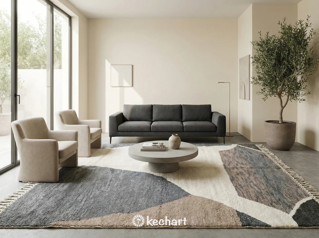 Large custom Moroccan wool rug anchoring a minimalist living room with a neutral linen sofa and wooden coffee table. Grey and taupe diamond design adds texture.