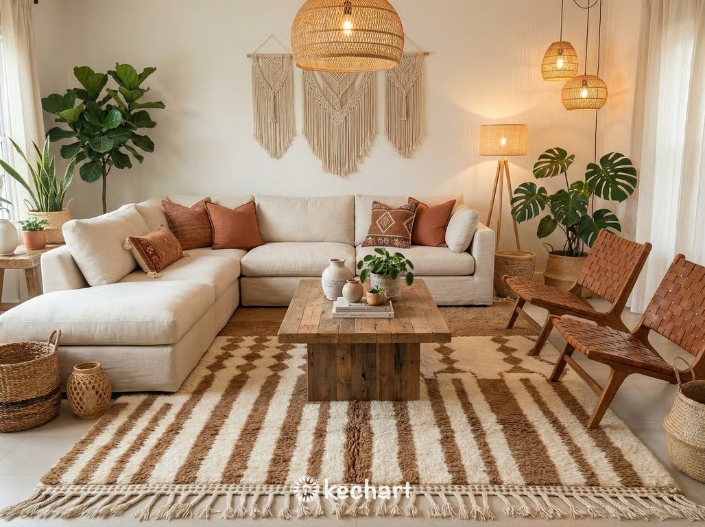 Large custom Beni Ourain area rug in warm brown tones anchoring a minimalist living room with a linen sofa and wooden coffee table.