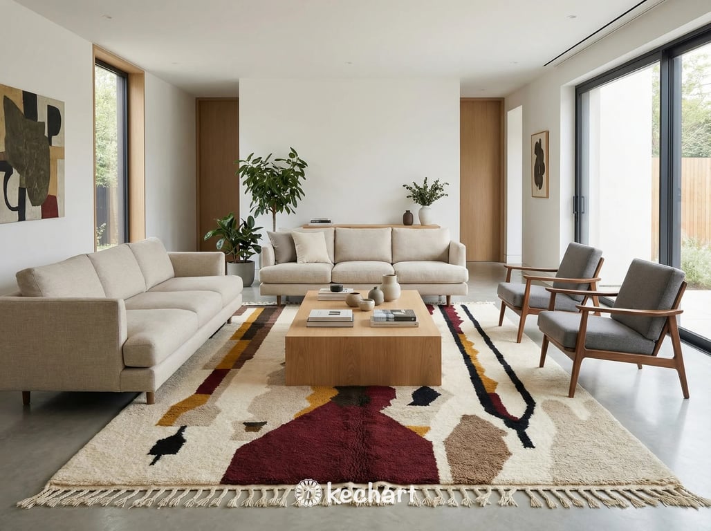 Large custom size plush Beni Ourain wool rug placed beneath a bed in a bohemian sanctuary bedroom, adding warmth and texture with its shaggy pile.