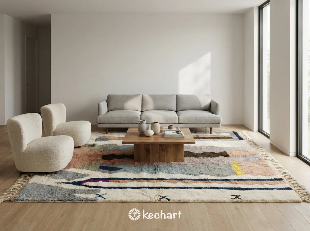 Detail shot showing the thick, high-pile handwoven wool texture of a custom Beni Ourain rug, highlighting the natural variations in the soft white and beige yarn.