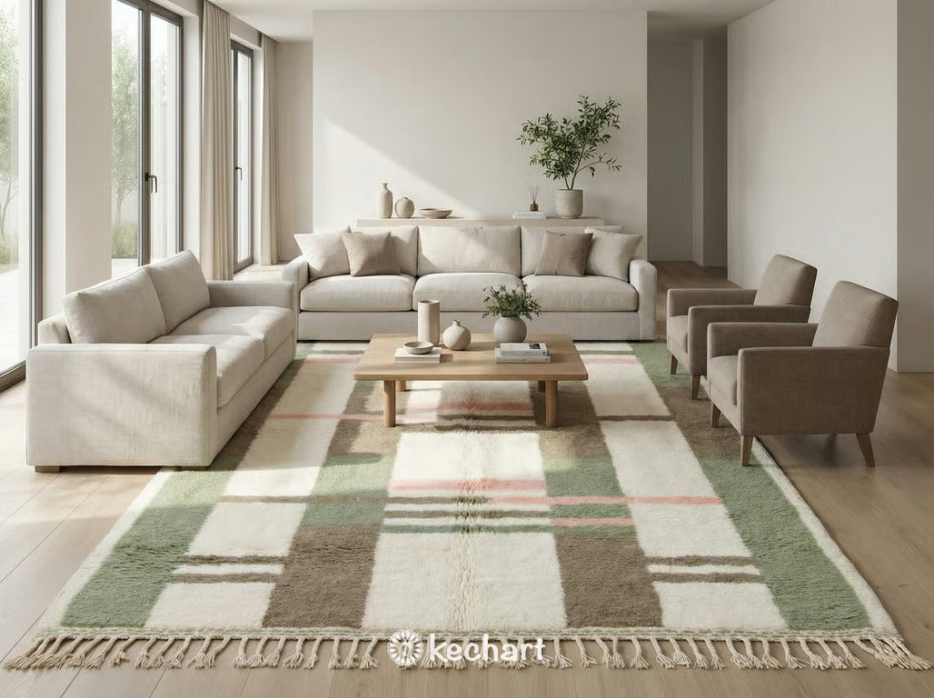 Plush handmade Beni Ourain shag rug placed under a bed in a tranquil master bedroom suite, adding texture and soft pastel color.